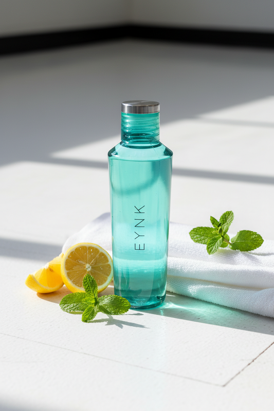 EYNK Water Bottle lifestyle photo with lemon slices and mint on gym surface